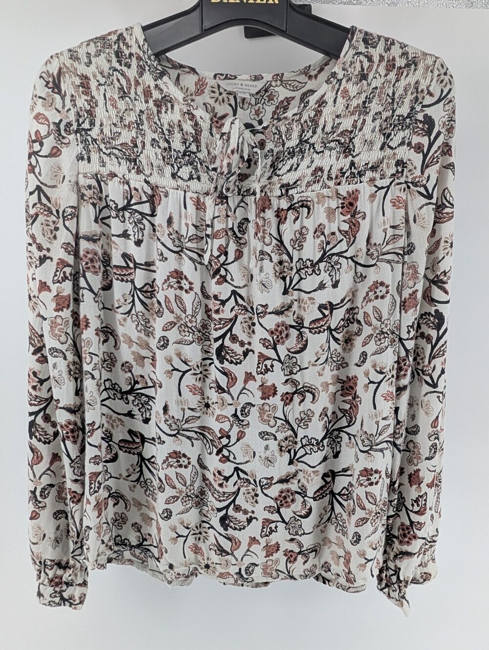 Lucky Brand White Blouse with Brown and Black Floral Print